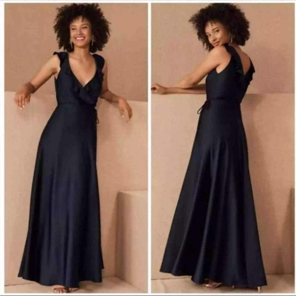 BHLDN Sz 12 Tansy Satin Charmeuse Maxi Wrap Dress Midnight Navy Ruffle NWT